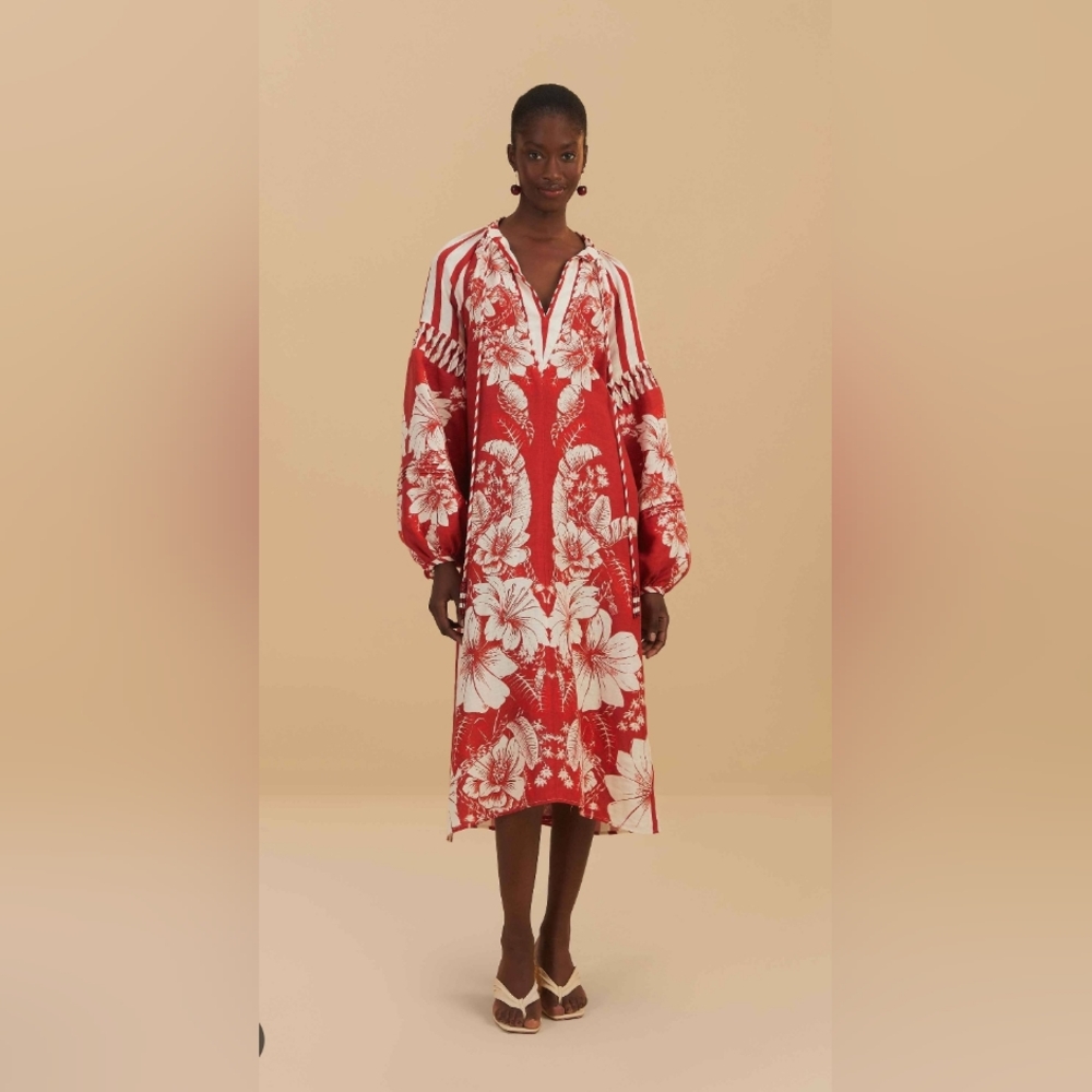 FARM Rio Red and White Floral Midi Dress